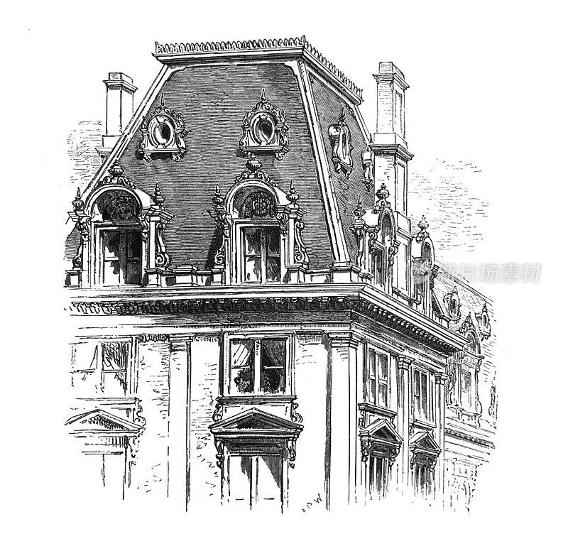 古董插图-纽约1881 -建筑-复式屋顶-第五大道-五十六街转角